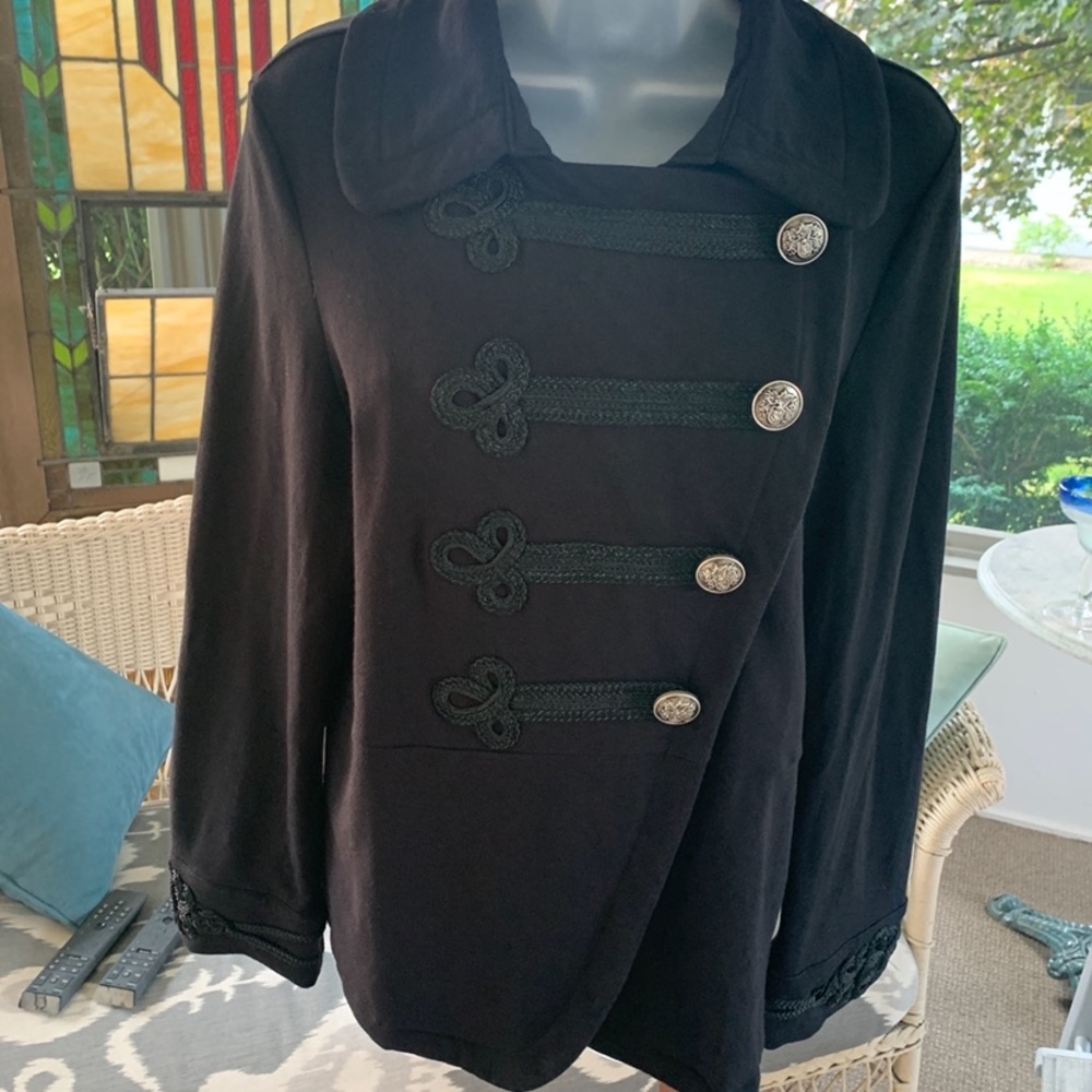 INC International Concepts black cotton asymmetrical  jacket w/soutache trim.❣️